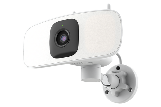 Lorex floodlight security camera with built-in LED light panels and adjustable wall mount for outdoor monitoring