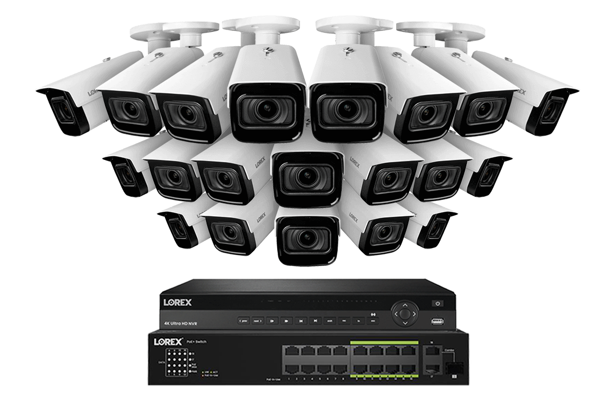 Lorex 4K (32 Camera Capable) Wired NVR System with Nocturnal 3 20 White Smart IP Bullet Cameras Featuring Motorized Varifocal Lens and 30FPS Recording