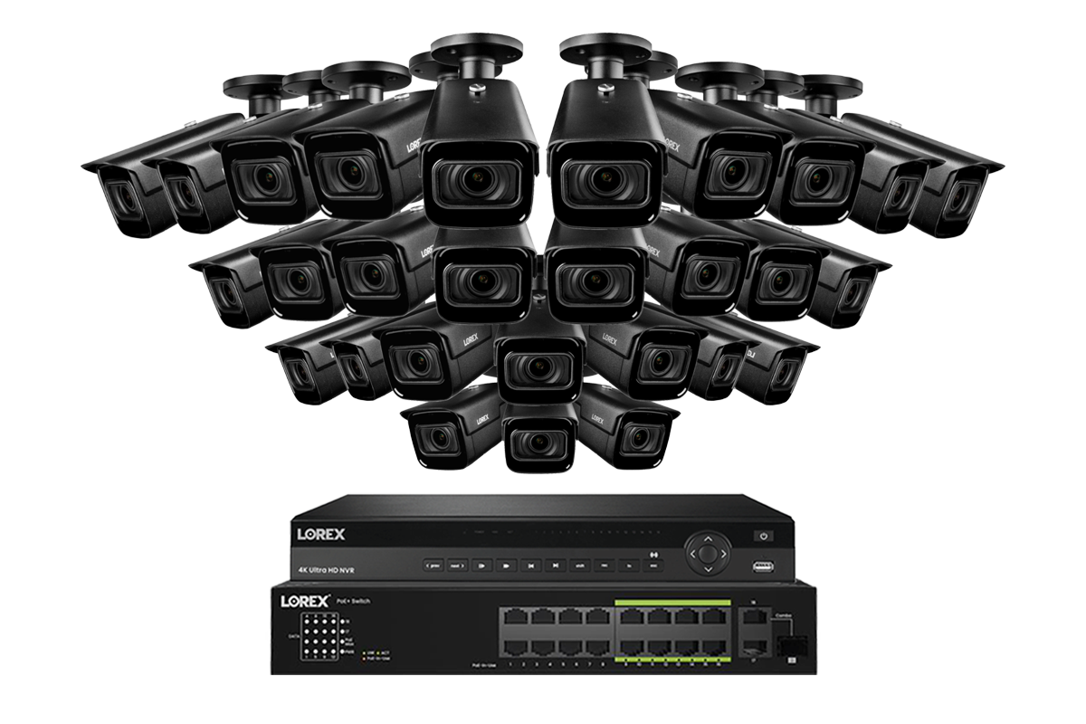 Lorex 4K (32 Camera Capable) Wired NVR System with Nocturnal 3 28 Black Smart IP Bullet Cameras Featuring Motorized Varifocal Lens and 30FPS Recording