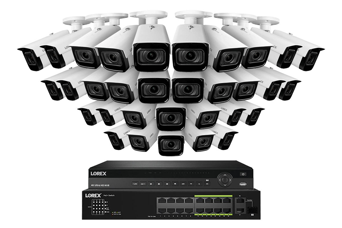 Lorex 4K (32 Camera Capable) Wired NVR System with Nocturnal 3 32 White Smart IP Bullet Cameras Featuring Motorized Varifocal Lens and 30FPS Recording