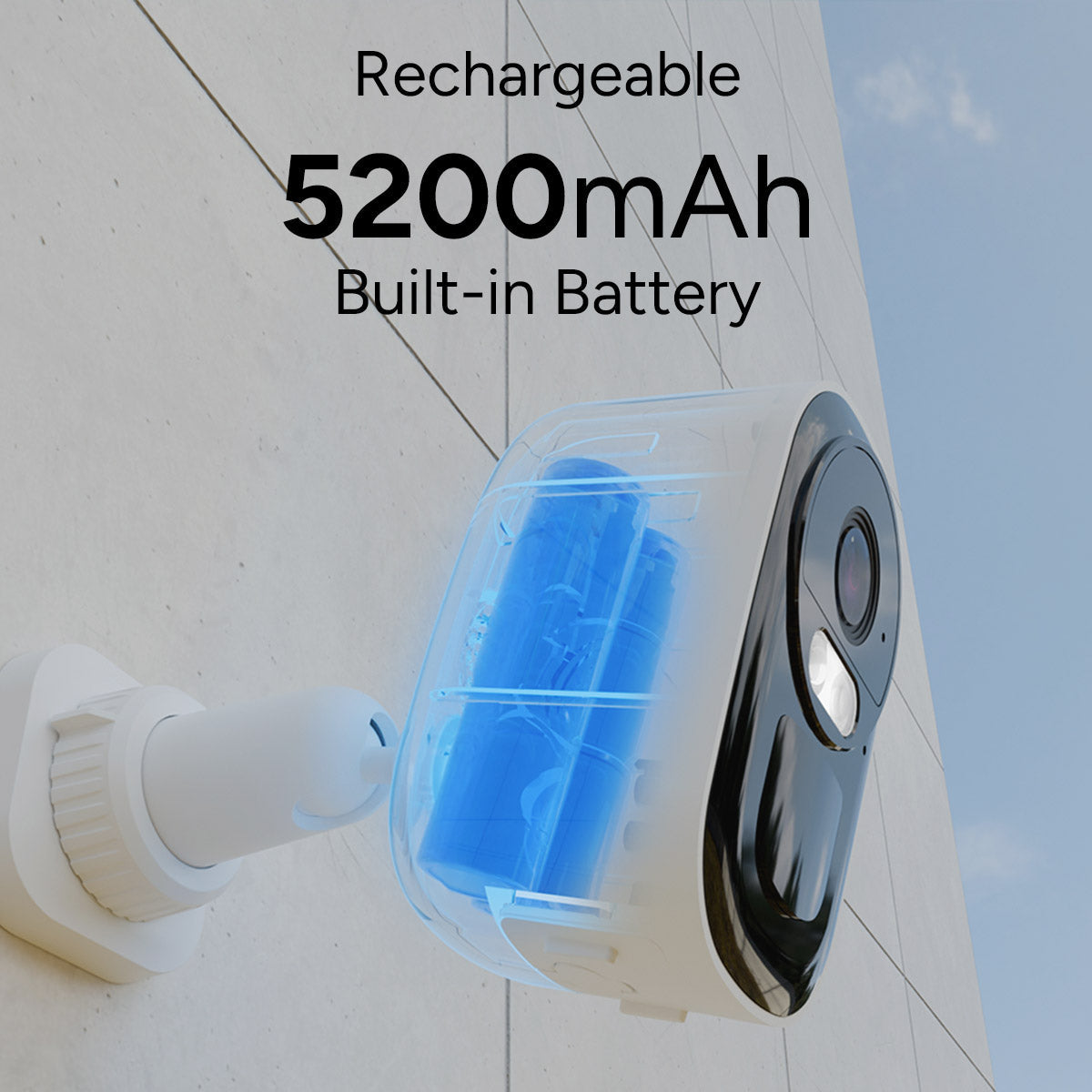 Rechargeable battery camera with 5200mAh built-in battery.